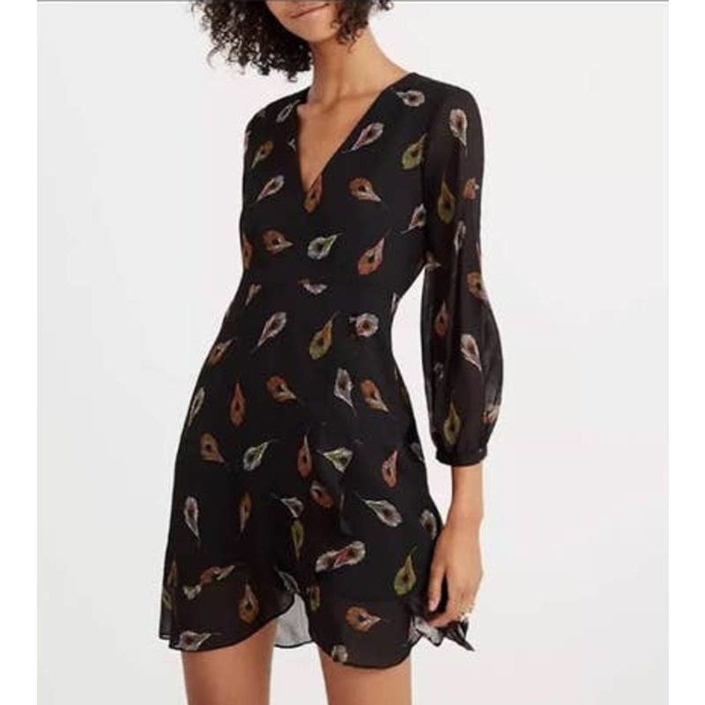 Madewell Women's Long Sleeve Poppy Dress Size 0 Black Peacock Feathers V Neck